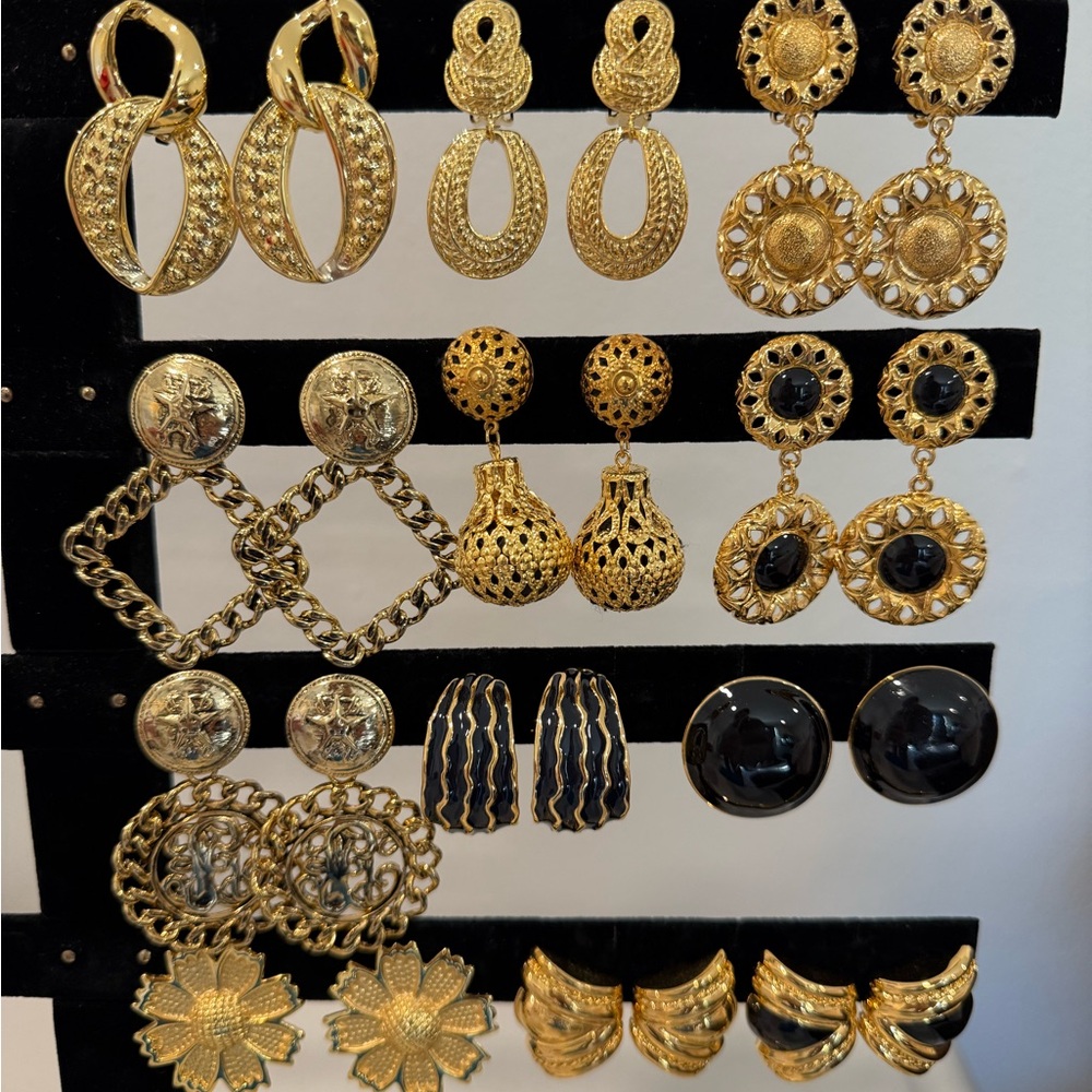 Vintage Deadstock Gold & Black Clip On, Pierced Earrings & Brooches